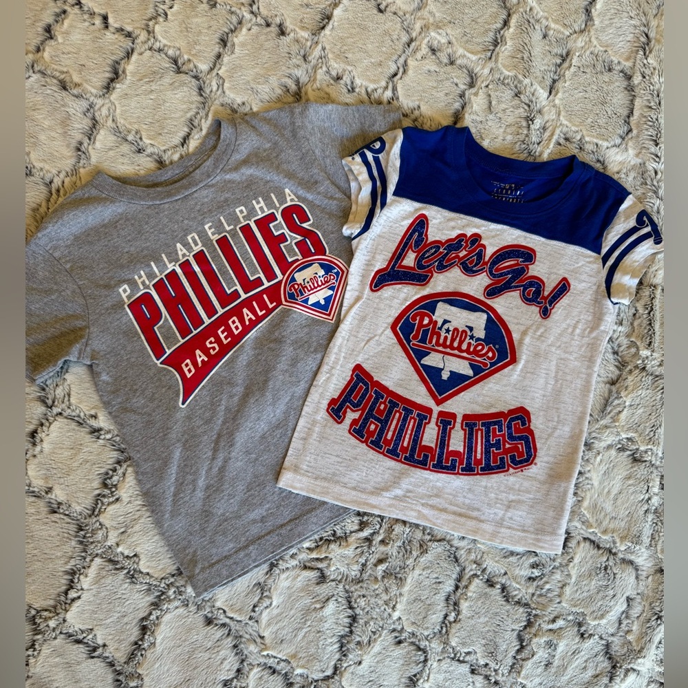 2 Phillies T-shirts Kids size 5. White with glitter and grey with red and blue